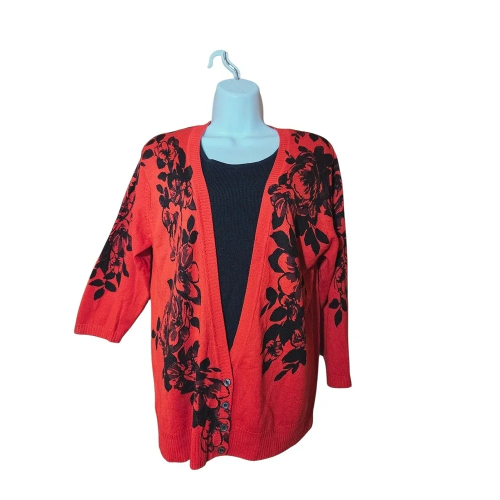 Vtg Red & Black Floral Faux Cardigan Sweater W Dickie 3/4-Sleeve Soft M NWT